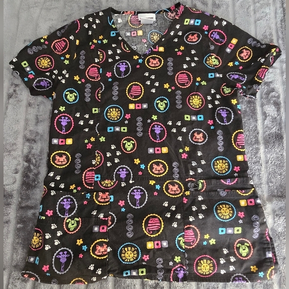 Scrubstar Black and Pink Animal Print Scrub Top - Picture 1 of 4